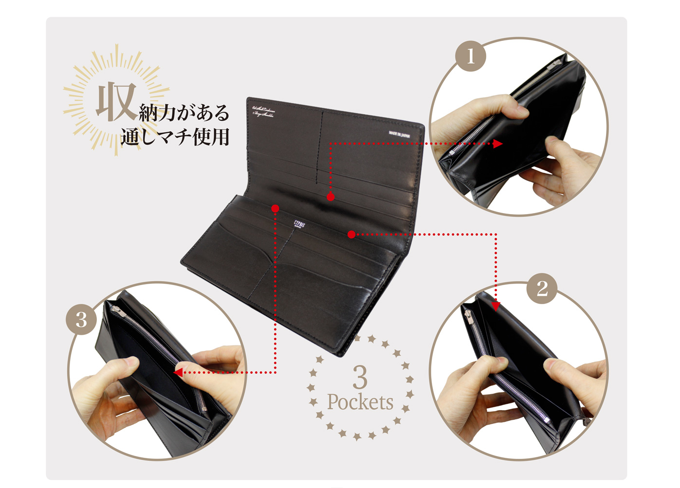 ファスナー付通しマチ長財布