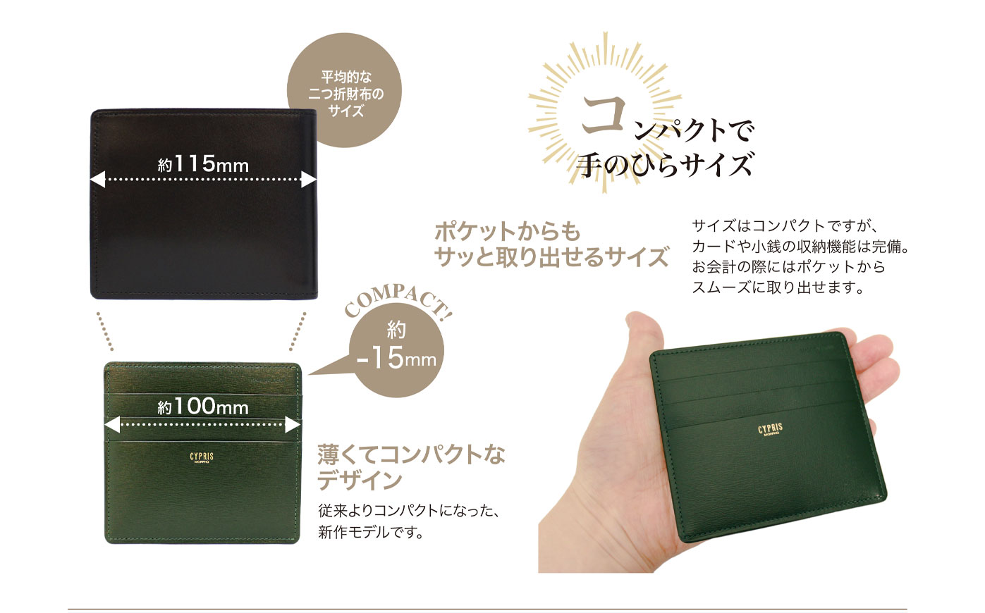 キプリスボックスカーフ　小銭入れ付きカードケース(マネーフラップ)。コンパクトで手のひらサイズ。カードや小銭の収納機能は完備。