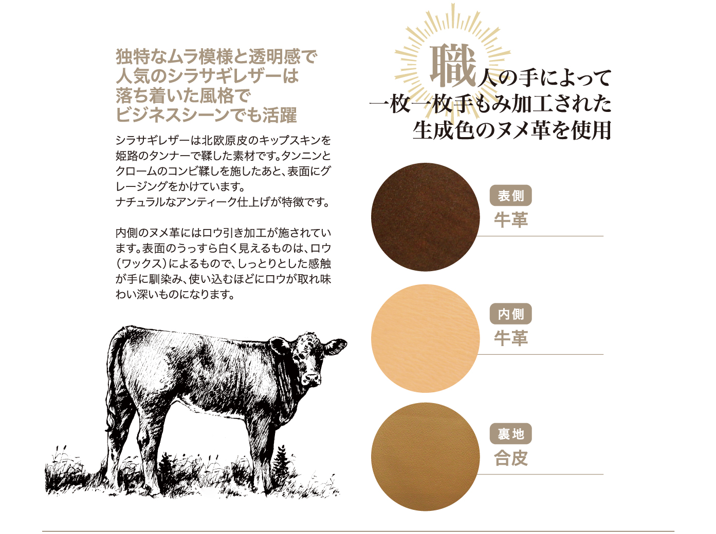 革財布キプリスのシラサギレザー 三つ折り財布。独特なムラ模様と透明感で人気のシラサギレザーは、落ち着いた風格でビジネスシーンでも活躍。