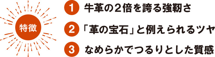 （1）牛革の2倍を誇る強靭さ（2）「革の宝石」と例えられるツヤ（3）なめらかでしっとりした質感