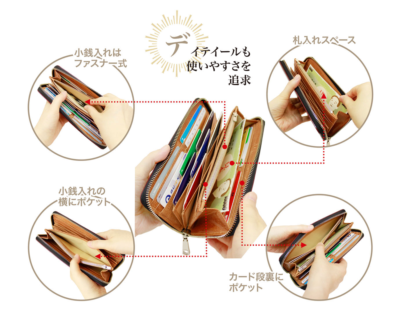 キプリスの革財布　小銭入れはファスナー式。また、小銭入れ横とカード段裏にはポケット。余裕のある札入れスペースも。使いやすさを追求したディテールです。