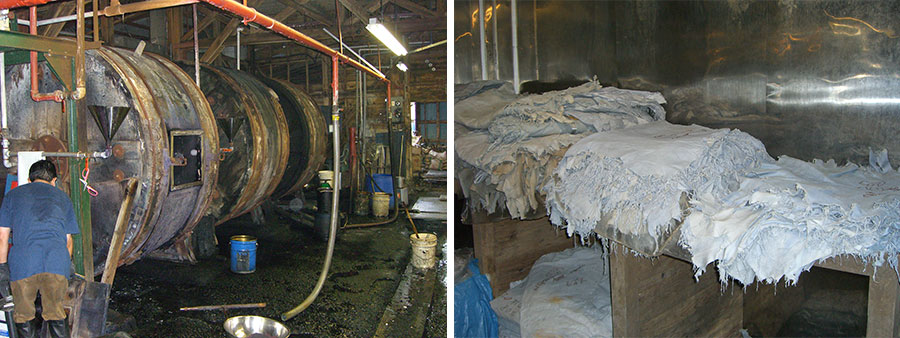 皮から革へ変える「ドラム（タイコ）」。革の種類や量にもよるが、だいたい丸1日回転させる（左）。国産の原皮をなめしたもの。皮から革になった（右）。