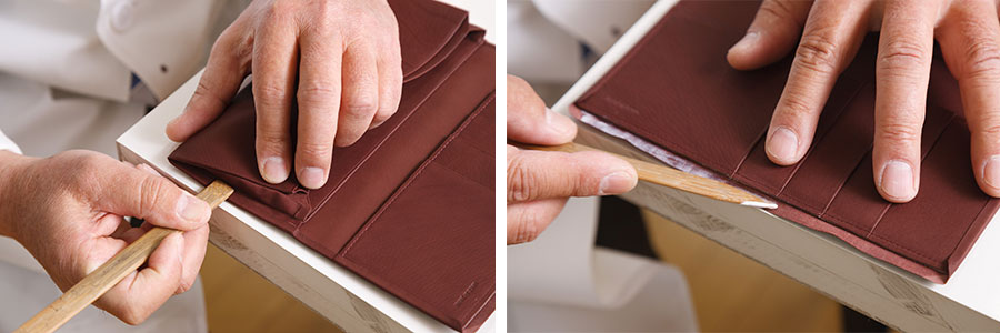 のり引き(左)と、へり返し（右）の様子。これは内側のパーツの縫い目が隠れる「忍び縫い」という製法です。