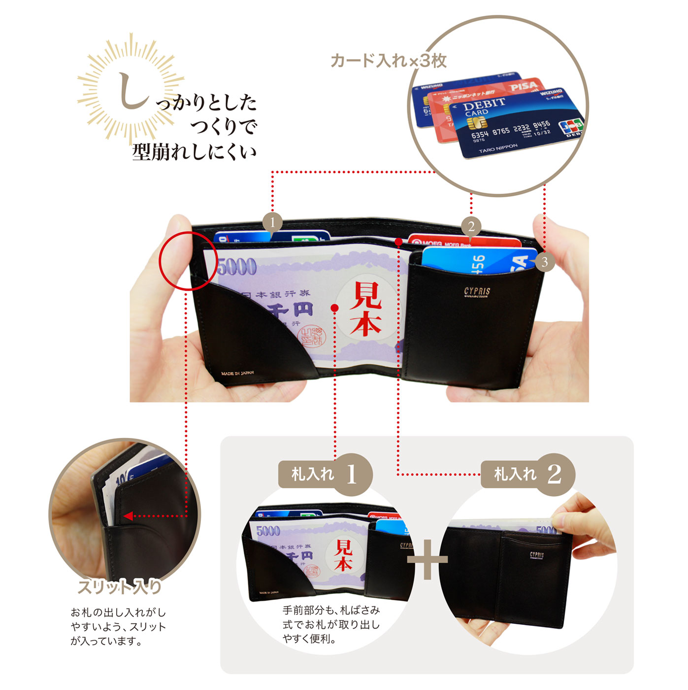キプリス リザードコンパクト札入れ。カード入れ3枚、札入れ2か所、スリット入りでお札が出し入れしやすい。