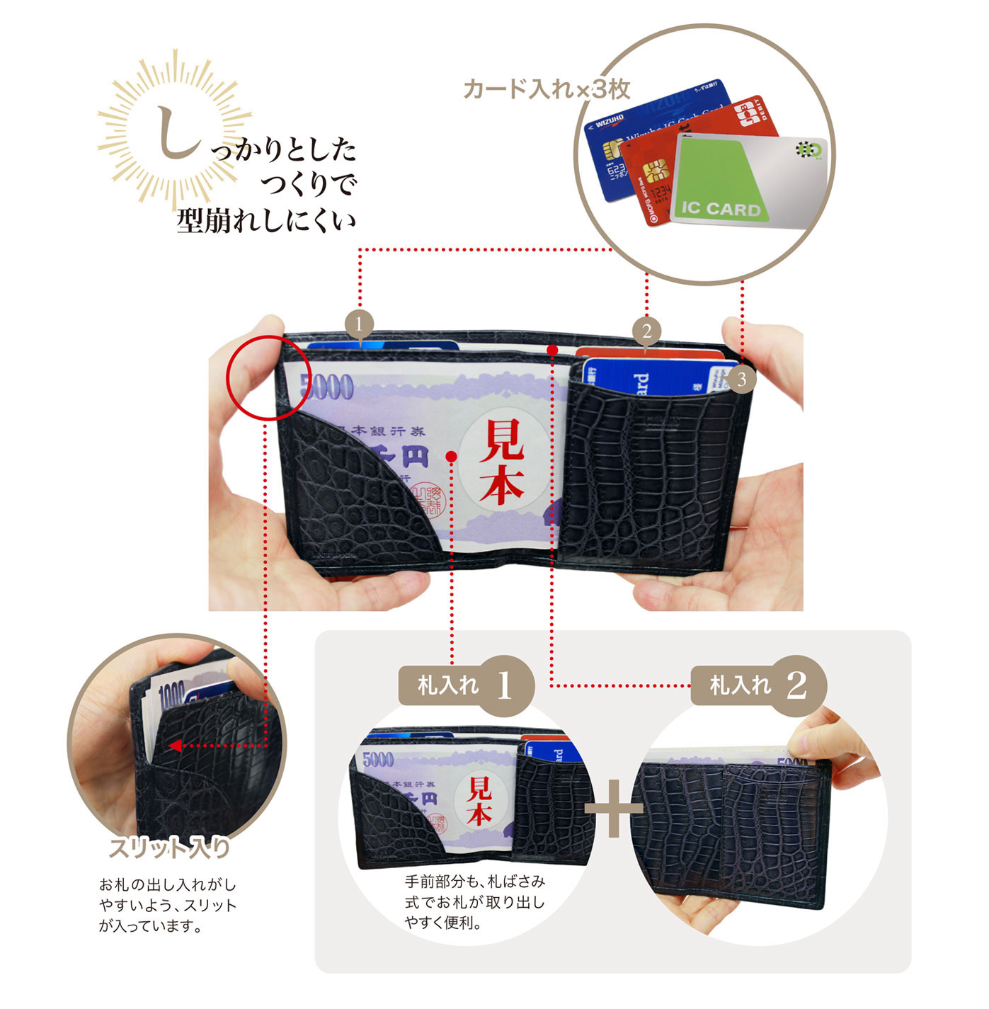 キプリス マットクロコダイルコンパクト札入れ。カード入れ3枚、札入れ2か所、スリット入りでお札が出し入れしやすい。