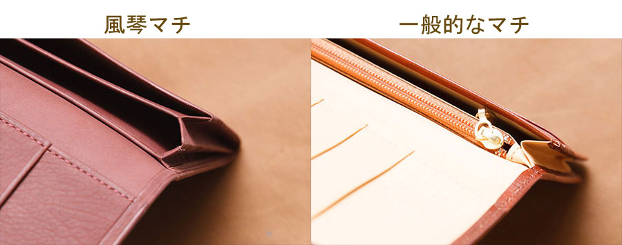名刺などのカード類を傷つけない構造の風琴マチ（左）。右は通常のマチ（右）。