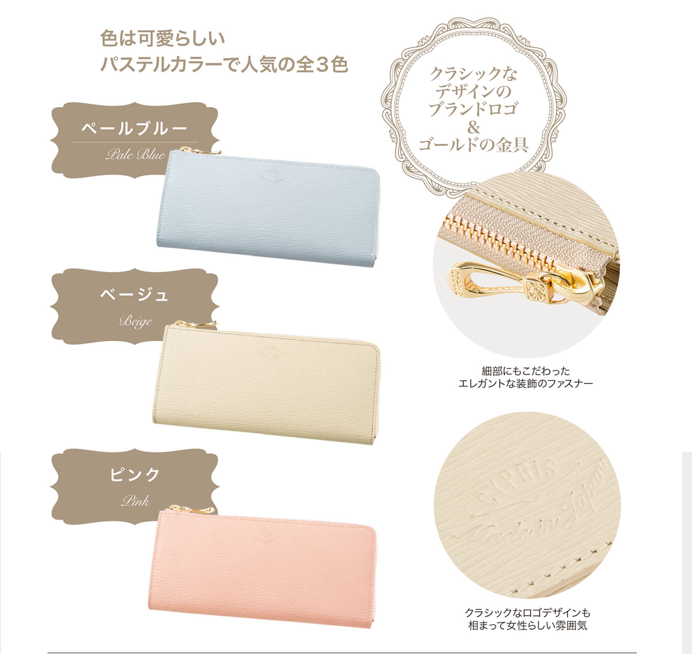 キプリス リサッカ L字ファスナーハニーセル長財布リサッカ。クラシックなデザインのブランドロゴ&ゴールドの金具。