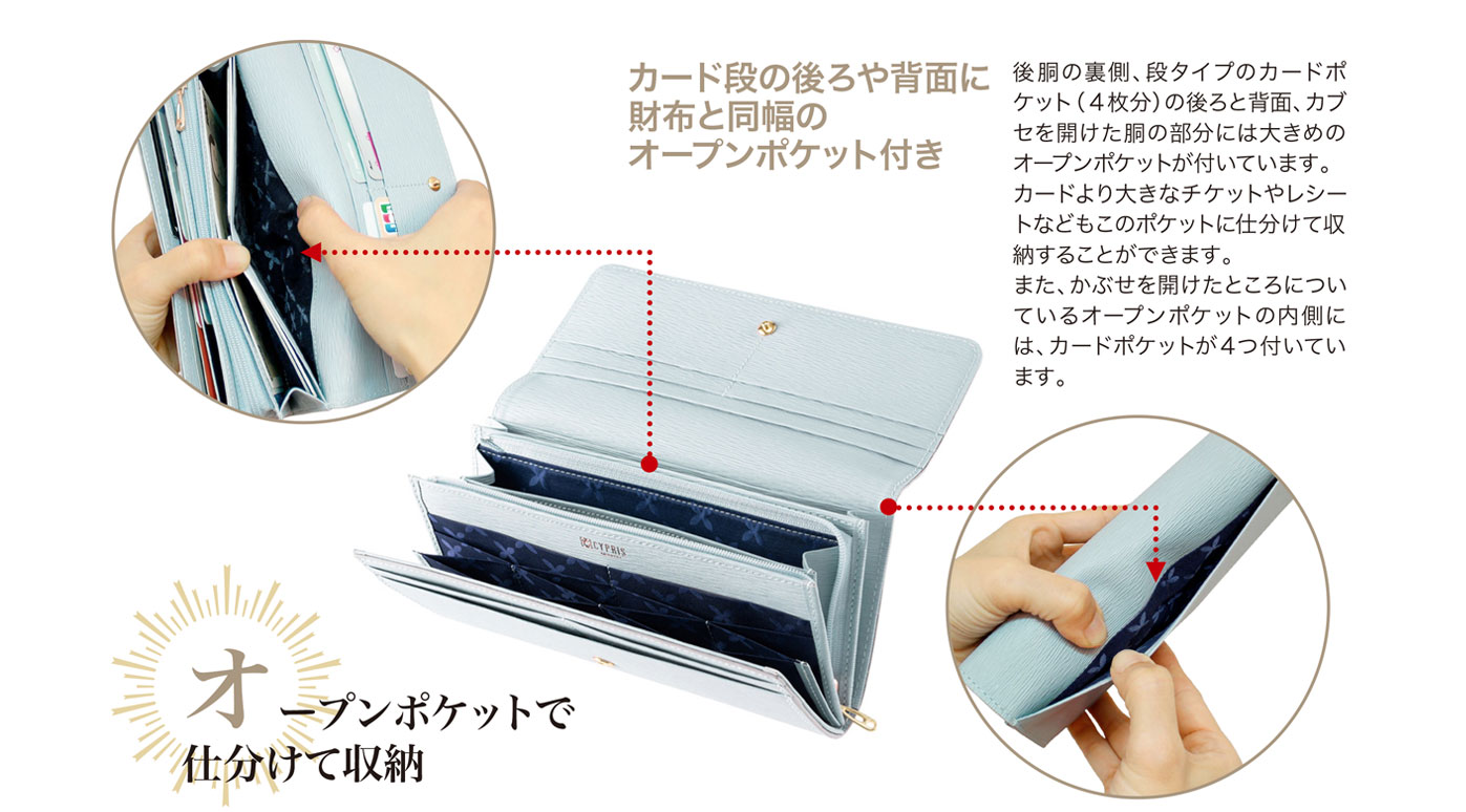 キプリス リサッカ かぶせハニーセル長財布リサッカ。オープンポケットで仕分けて収納。