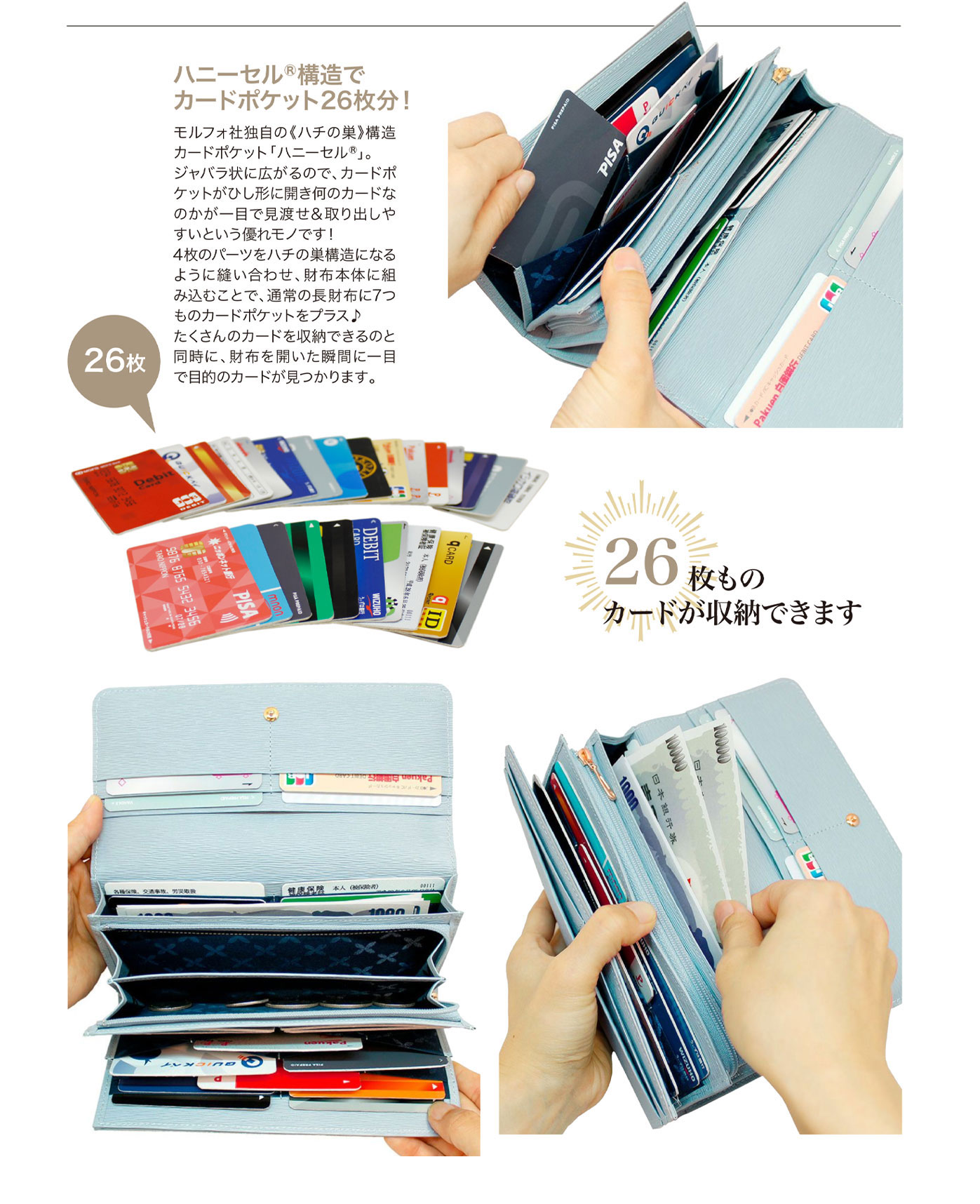 キプリス リサッカ かぶせハニーセル長財布リサッカ。26枚ものカードが収納可能