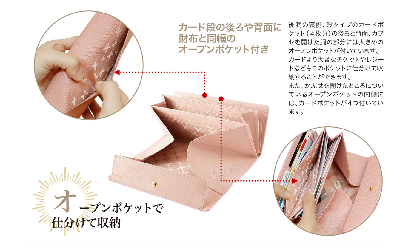 キプリス リサッカ ギャルソンハニーセル長財布リサッカ。オープンポケットで仕分けて収納。