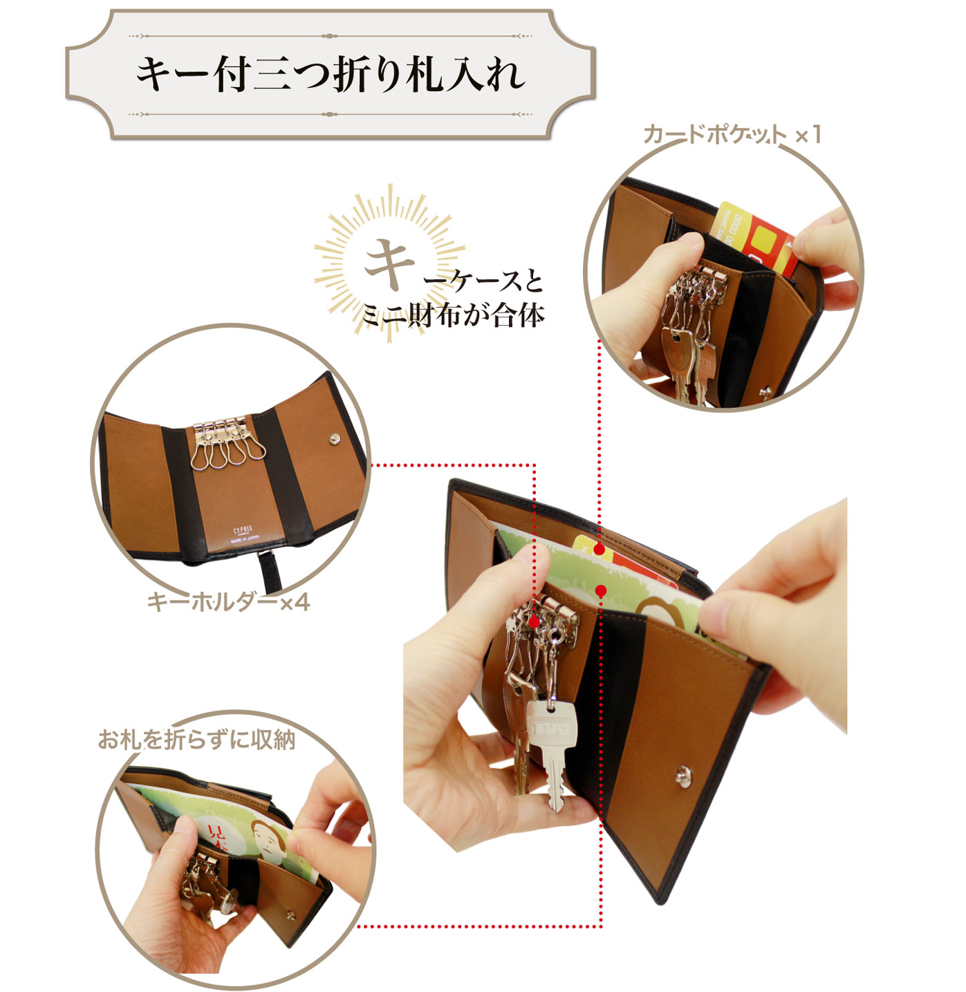 キプリスの革財布 テルヌーラのキー付三つ折り札入れ　キーケースがミニ財布と合体。キーホルダー４つ。カードポケット完備。お札は折らずに収納できます。