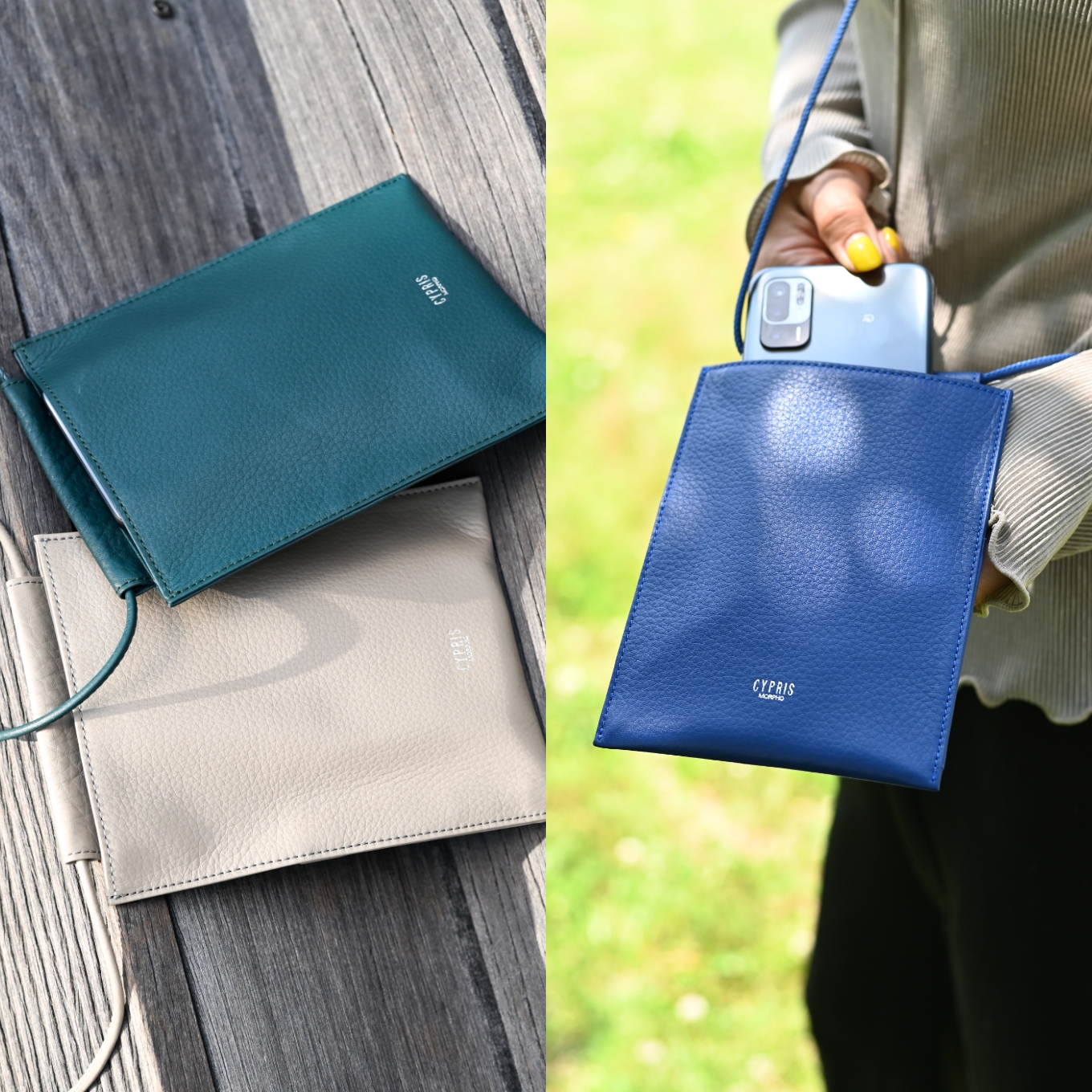 トゥージュールマルチホルダーのグリーンとトープ、ブルー