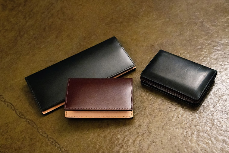 所有されている「キプリス」コードバン&ベジタブルタンニンレザーの長財布&名刺入れ、ボックスカーフ&リンピッドスカーフの名刺入れ