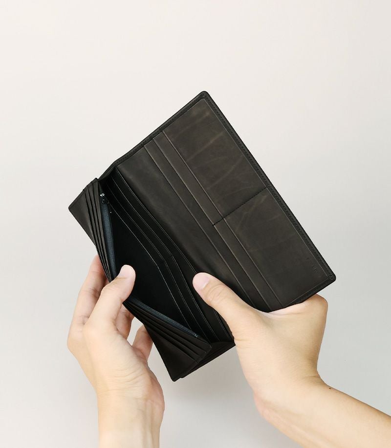 ファスナー付通しマチ長財布｜レーニアカーフ ｜グリーン