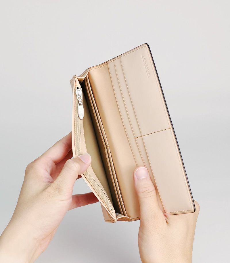 ファスナー付通しマチ長財布｜コードバン＆ベジタブルタンニンレザー